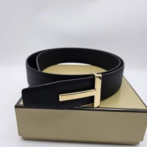 Tom Ford Black Leather Belt with Gold Buckle
